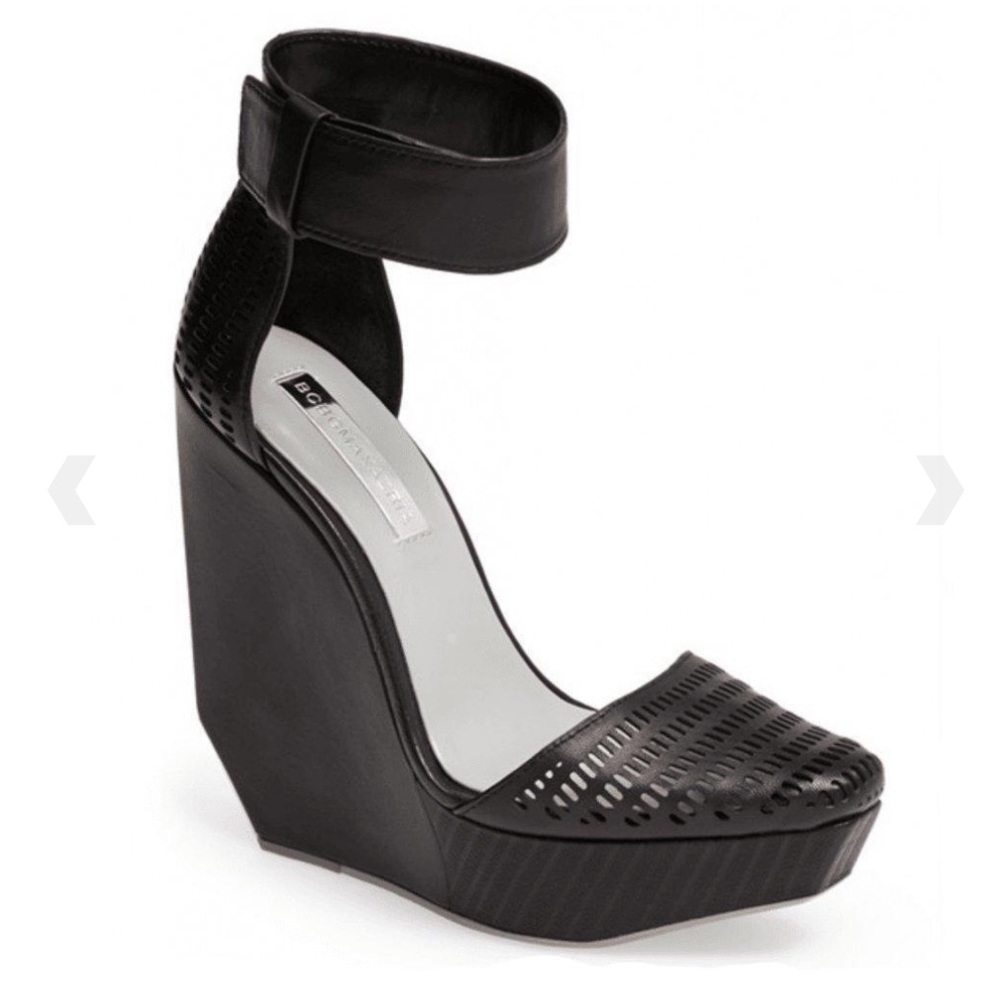 BCBGMaxAzria Black Perforated Ankle Strap Platform Wedges